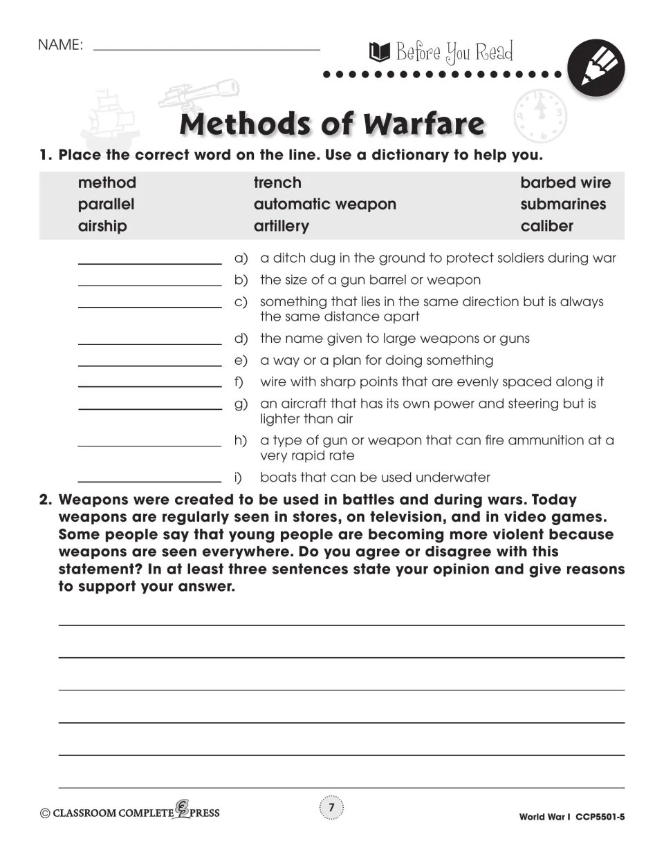 Before You Read: match trench, caliber, parallel and six more words to definitions, then give an opinion on weapons