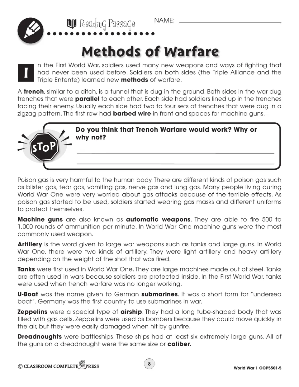 Reading passage on WWI warfare: trenches, poison gas, machine guns, tanks, U-Boats, zeppelins and dreadnoughts