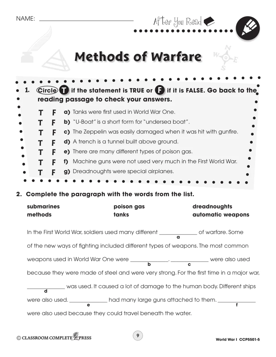 After You Read: seven true-or-false statements on tanks and U-Boats, and a fill-in paragraph with six words