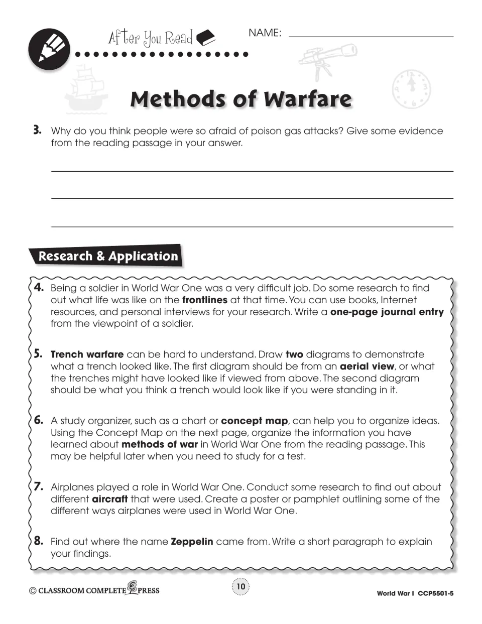 Question 3 on fear of poison gas, then research tasks: soldier journal entry, trench diagrams, Zeppelin name origin