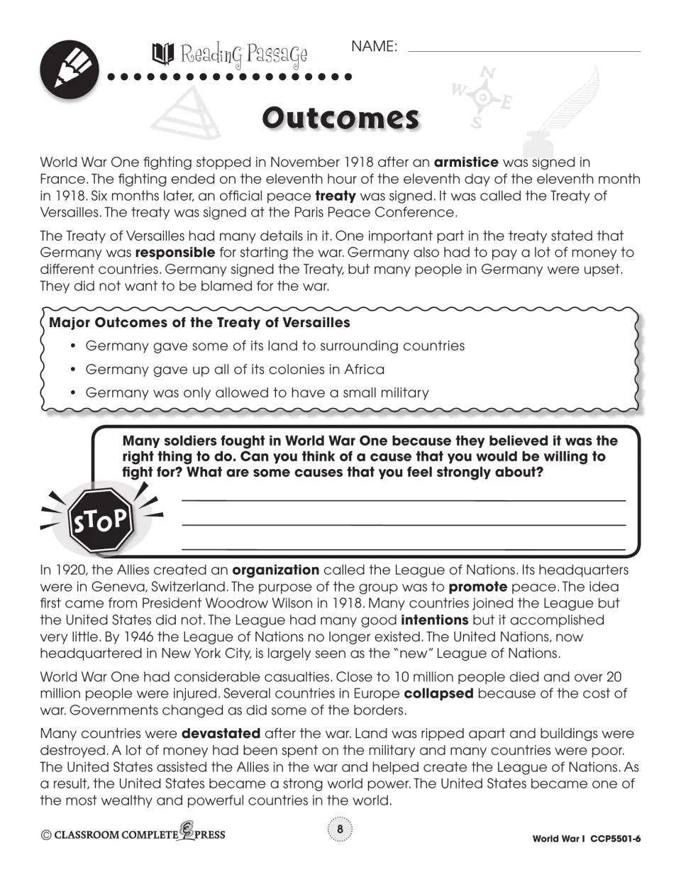 Outcomes reading passage on the 1918 armistice, Treaty of Versailles terms for Germany and the League of Nations