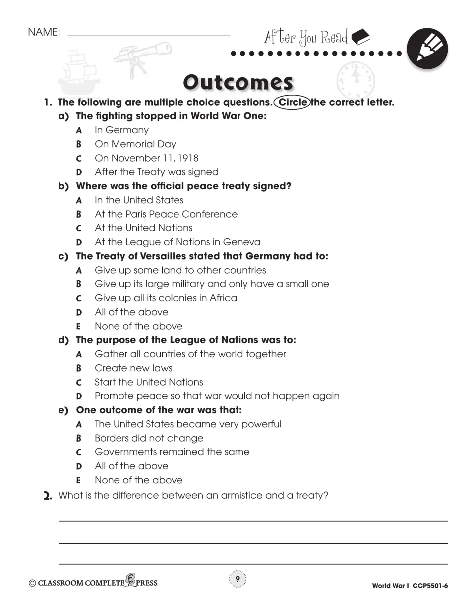 After You Read: 5 multiple-choice questions on the treaty and League of Nations, then armistice vs. treaty