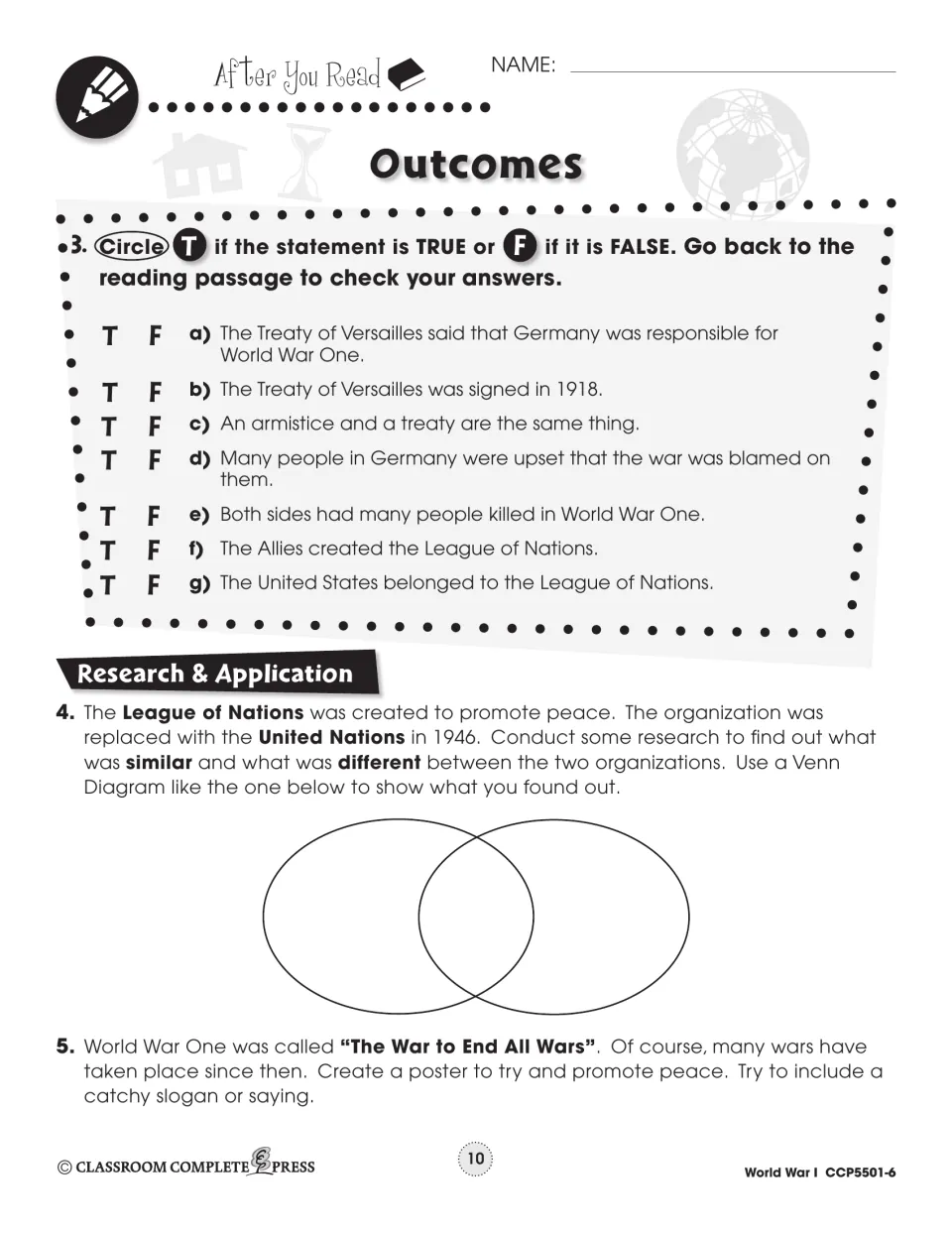 After You Read: 7 true-false items, League of Nations vs. United Nations Venn diagram and a peace poster task