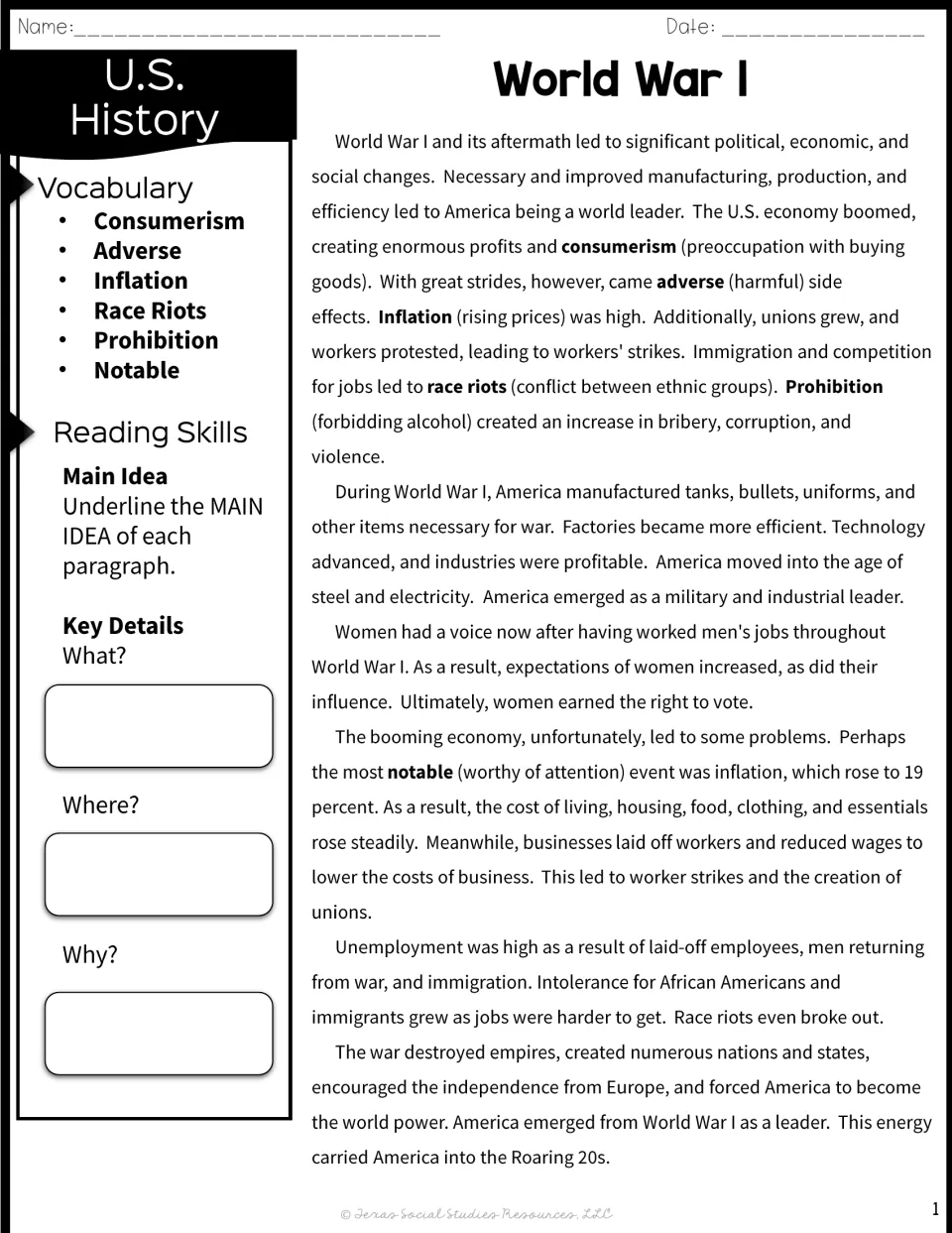 World War I reading passage on postwar U.S. changes; students underline each main idea and note what, where and why