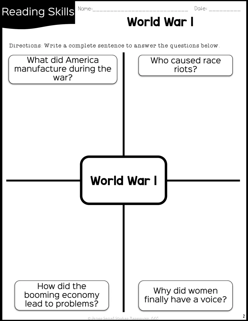 WWI question organizer: students write full-sentence answers on wartime manufacturing, race riots, the economy and women