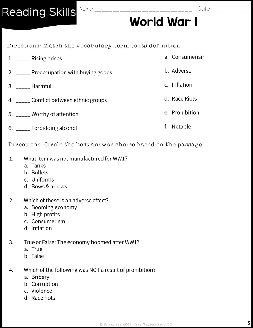 WWI vocabulary: students match six terms like inflation and prohibition to definitions, then answer 4 passage questions