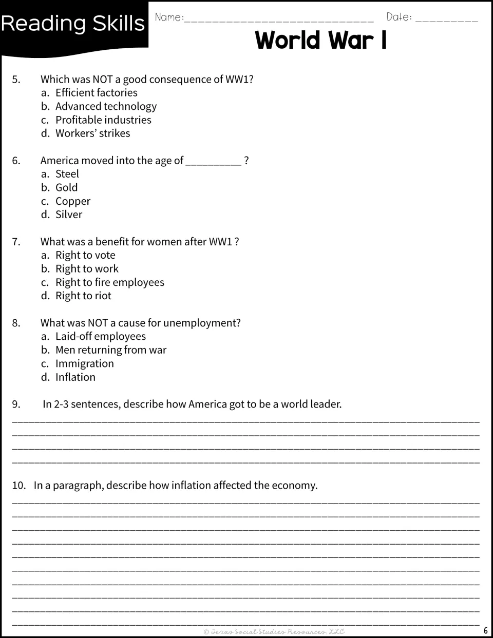 WWI questions 5-10: students answer multiple choice on war effects, then write about world leadership and inflation