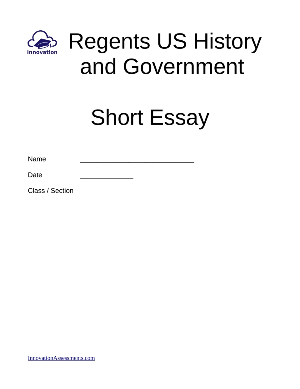 Short-essay packet cover labeled 'Regents US History and Government' with name, date, and class fields