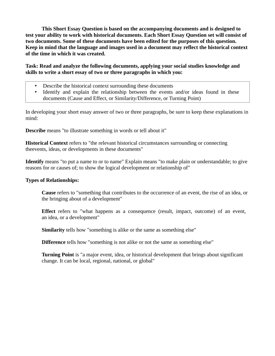 Set 1 essay directions: describe historical context and explain relationships between two documents