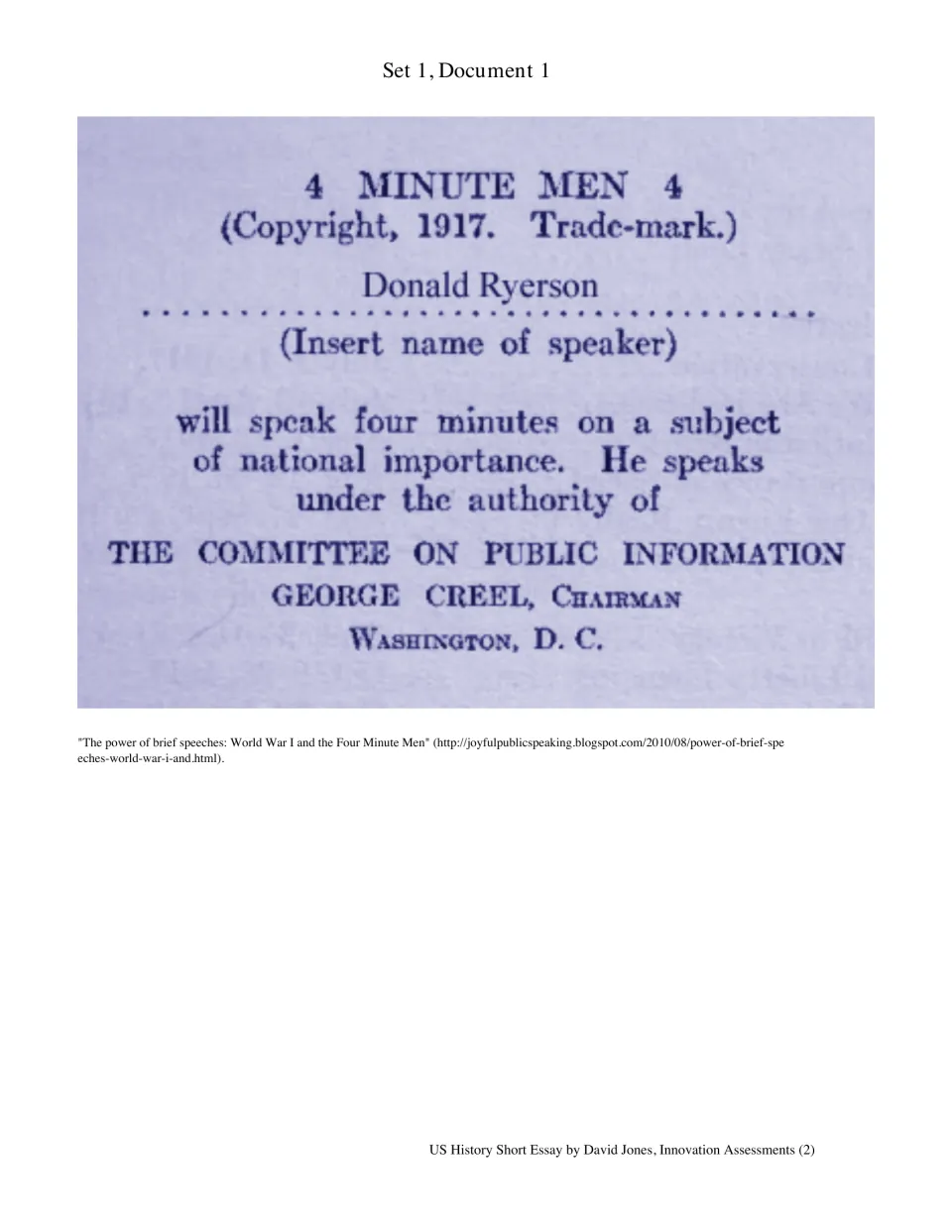 Set 1, Document 1: a 1917 Four Minute Men notice authorizing speeches for the Committee on Public Information