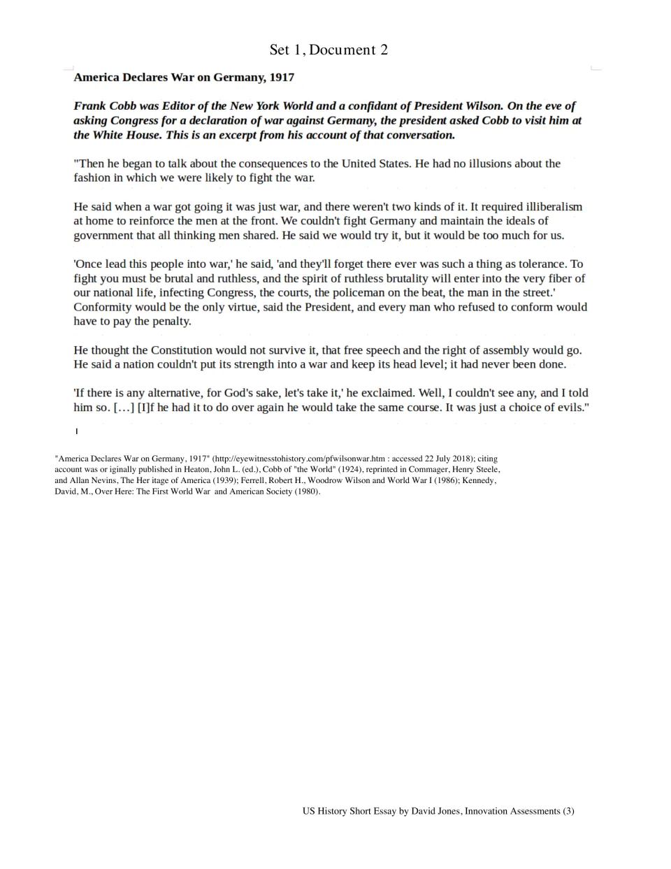 Set 1, Document 2: Frank Cobb recounts Wilson's concerns about war, conformity, and the loss of free speech