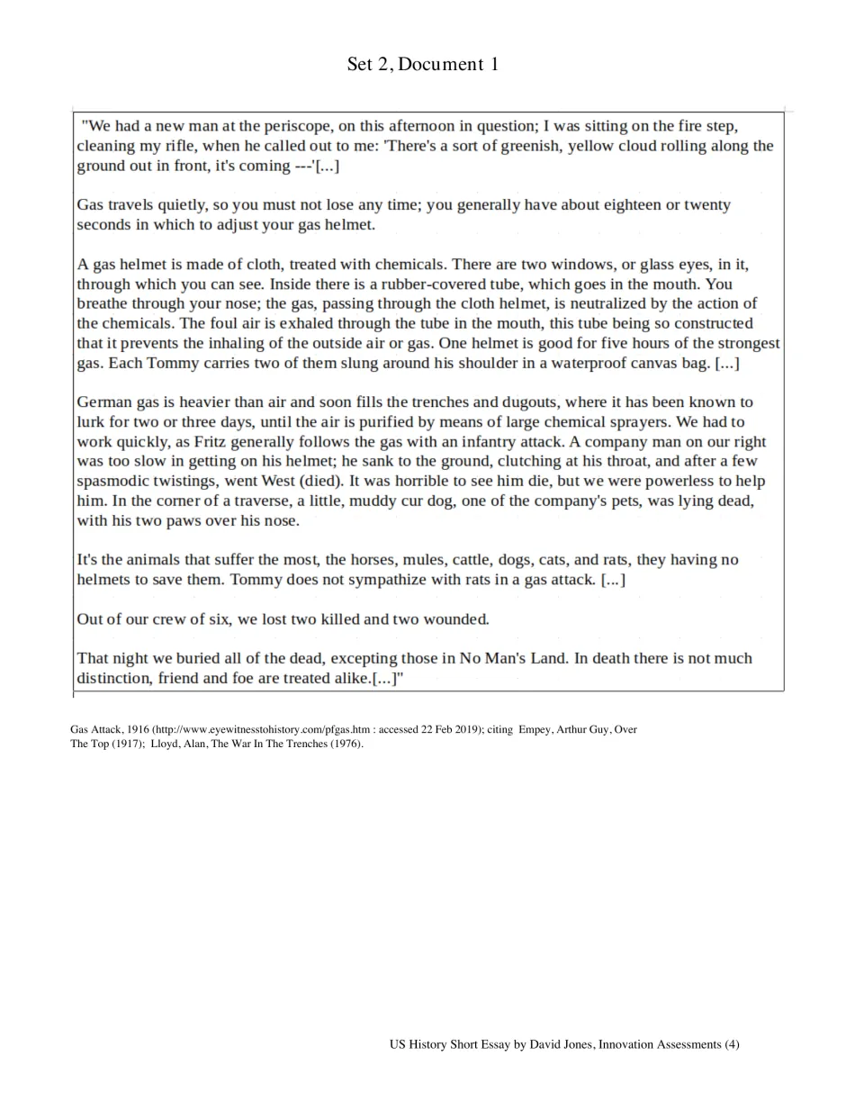 Set 2, Document 1: a soldier's account of a 1916 gas attack describes gas helmets and deaths in the trenches