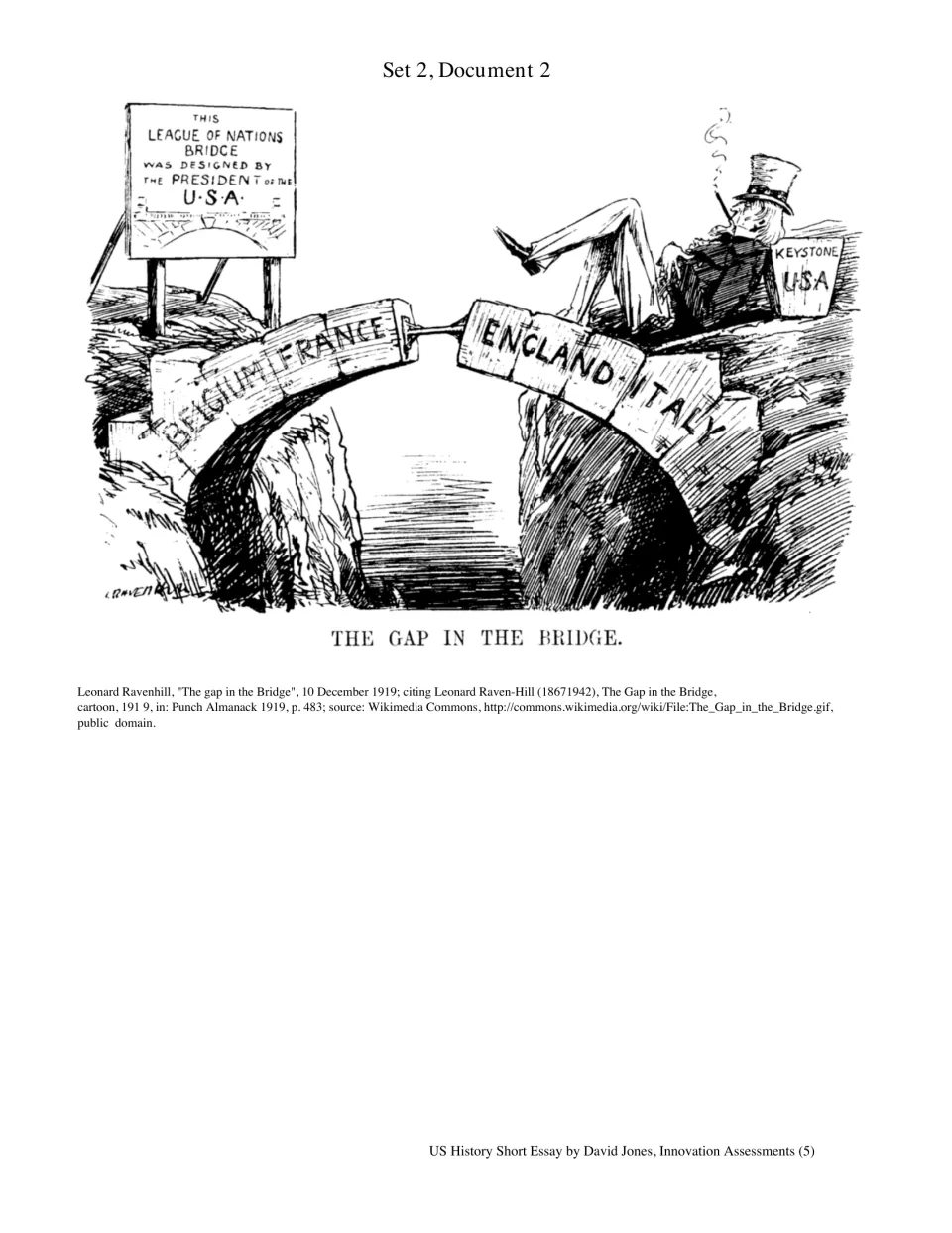 Set 2, Document 2: 'The Gap in the Bridge' cartoon shows Uncle Sam beside the League's missing USA keystone