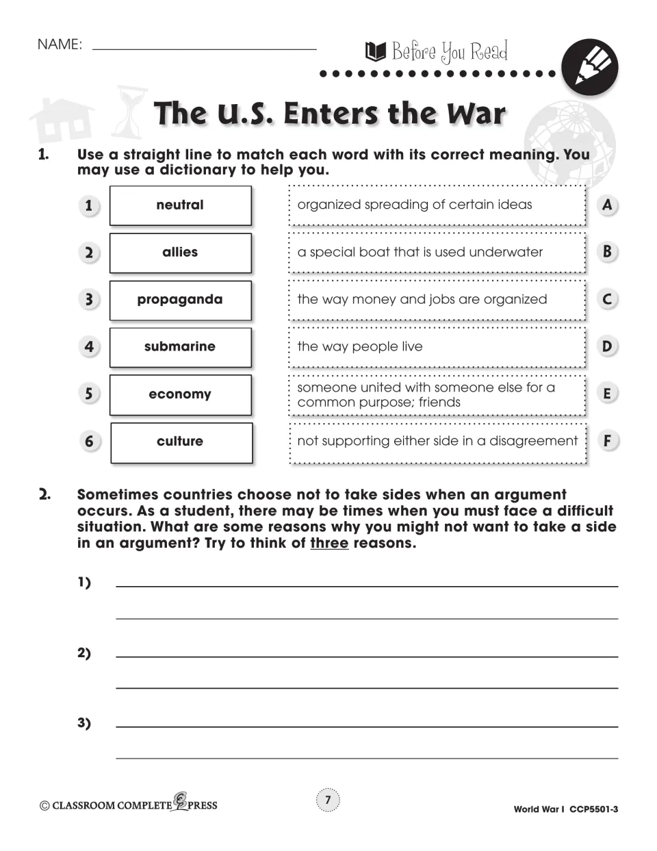 Before-reading activity matches six U.S. entry vocabulary words and asks for three reasons to stay neutral