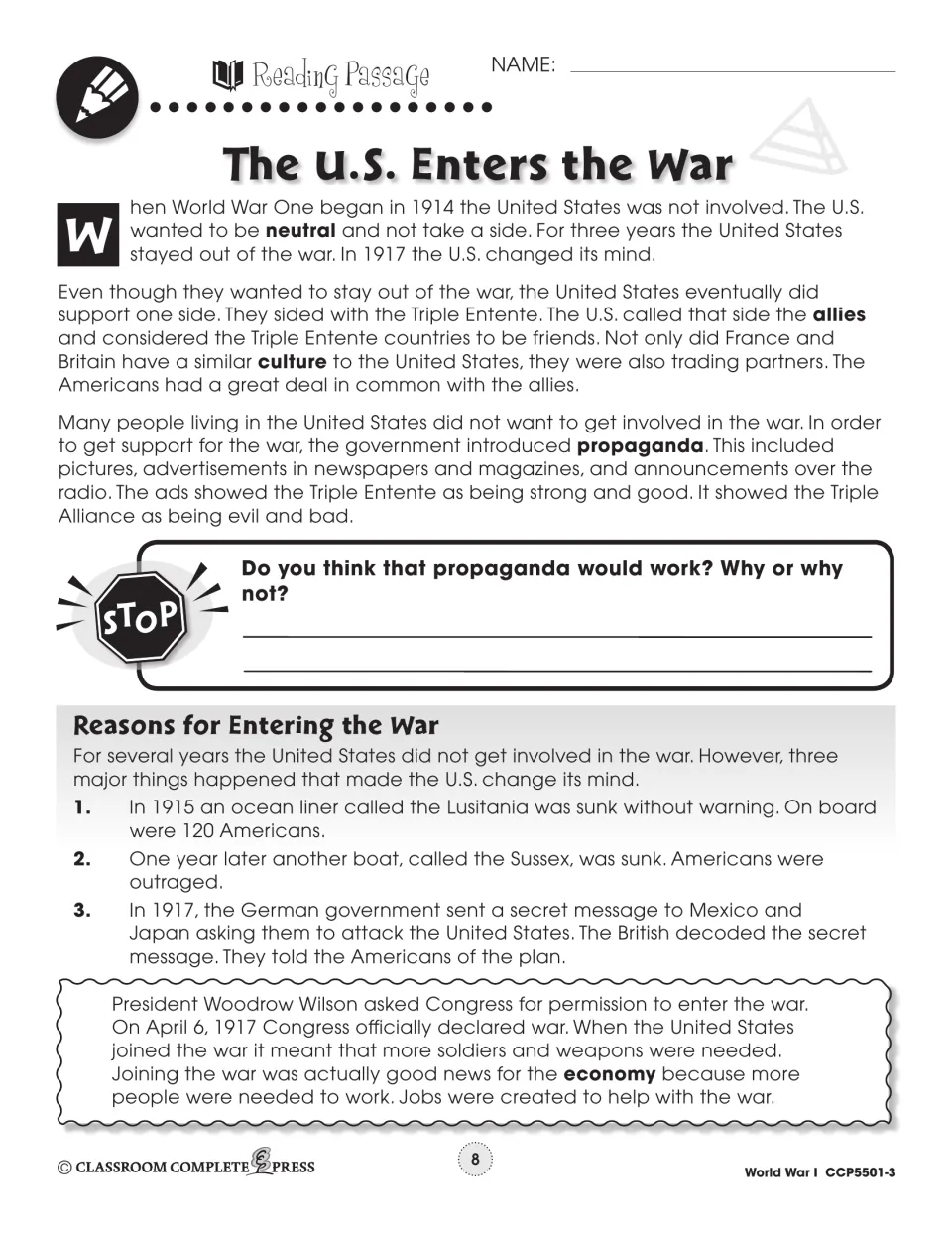 U.S. entry reading covers neutrality, propaganda, reasons for joining World War I, and the declaration of war
