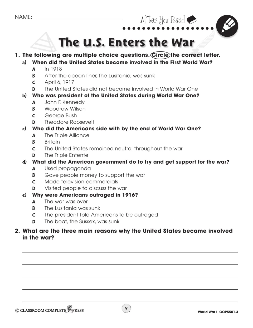 After-reading practice asks five multiple-choice questions and a written response about reasons for U.S. entry