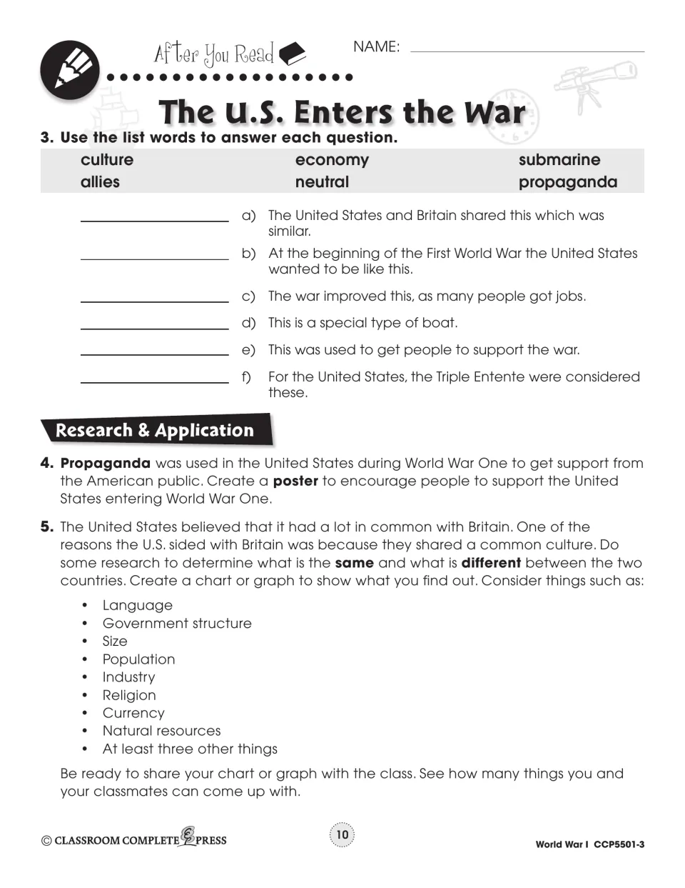 Follow-up activities review six vocabulary words, assign a propaganda poster, and compare the U.S. and Britain