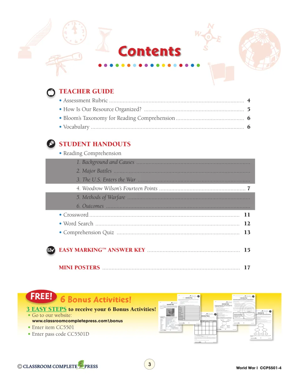 Contents: teacher guide, Fourteen Points handouts (p. 7), crossword, word search, quiz, answer key and mini posters