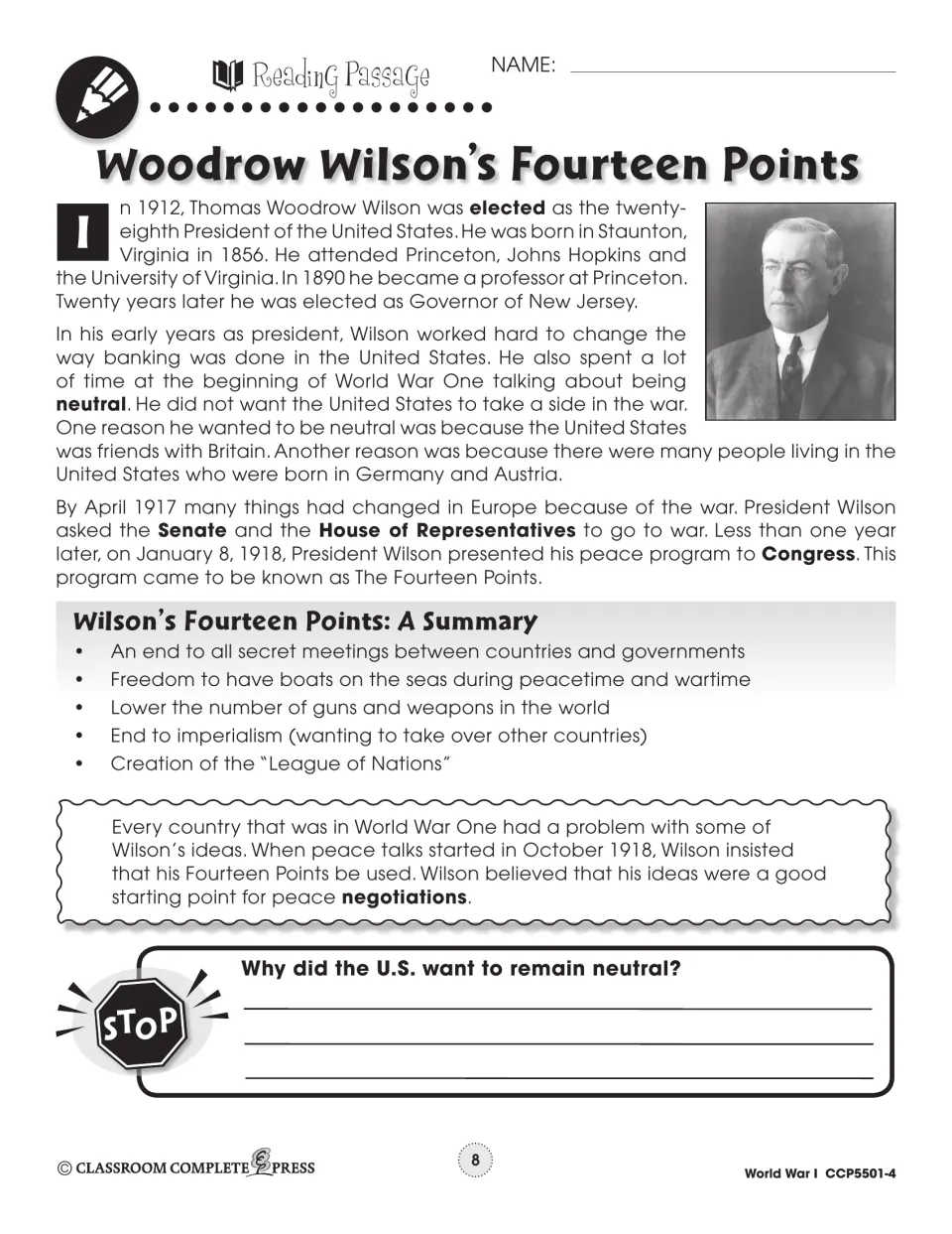Reading passage on Wilson's presidency, neutrality and the 1918 Fourteen Points, with a photo of Wilson