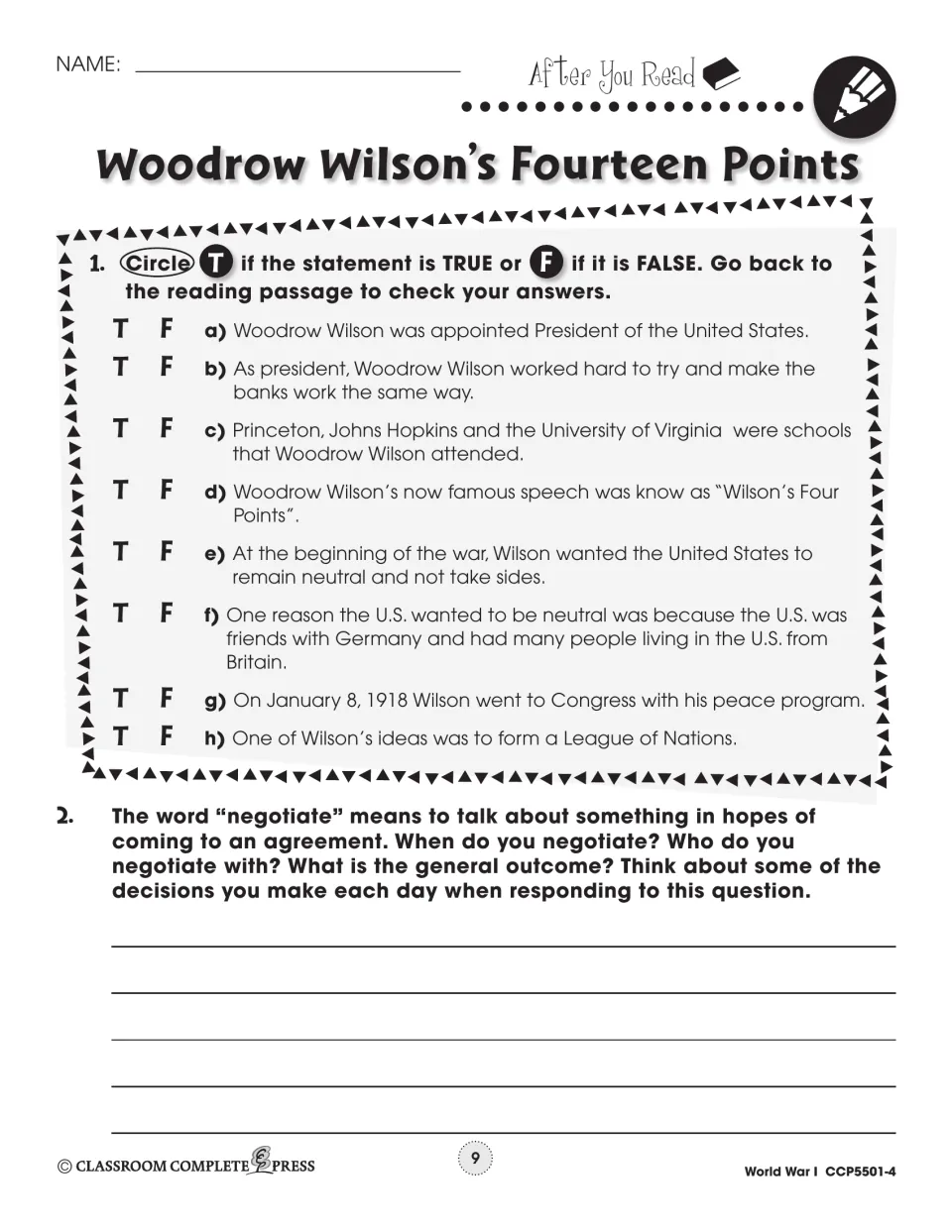 After You Read: 8 true-or-false statements on Wilson's life and peace plan, plus a written response on negotiating