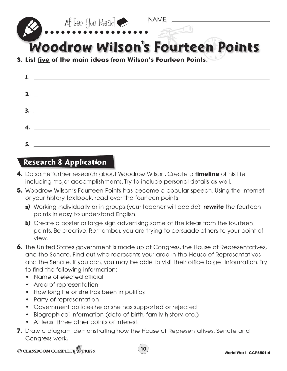 After You Read: list 5 main ideas of the Fourteen Points, then research tasks like a Wilson timeline and a poster