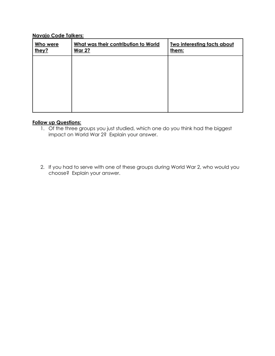 Navajo Code Talkers research organizer and two follow-up questions comparing the three World War II groups