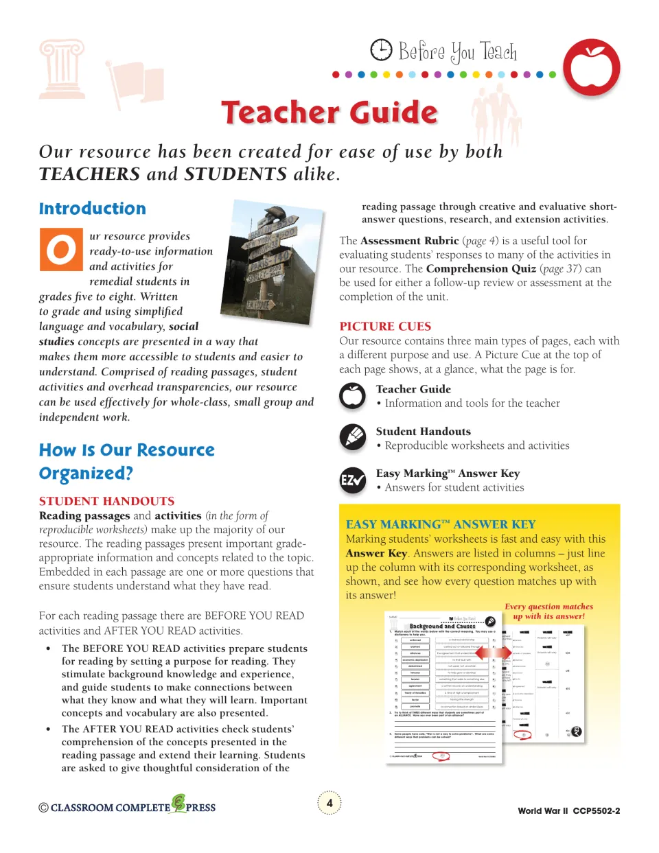 Teacher guide explaining reading passages, before and after you read activities, picture cues and the answer key format