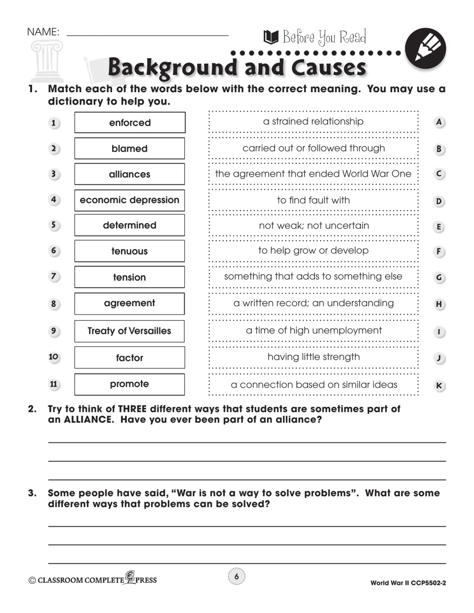 Before you read: students match 11 terms like tenuous and Treaty of Versailles to meanings, then write about alliances
