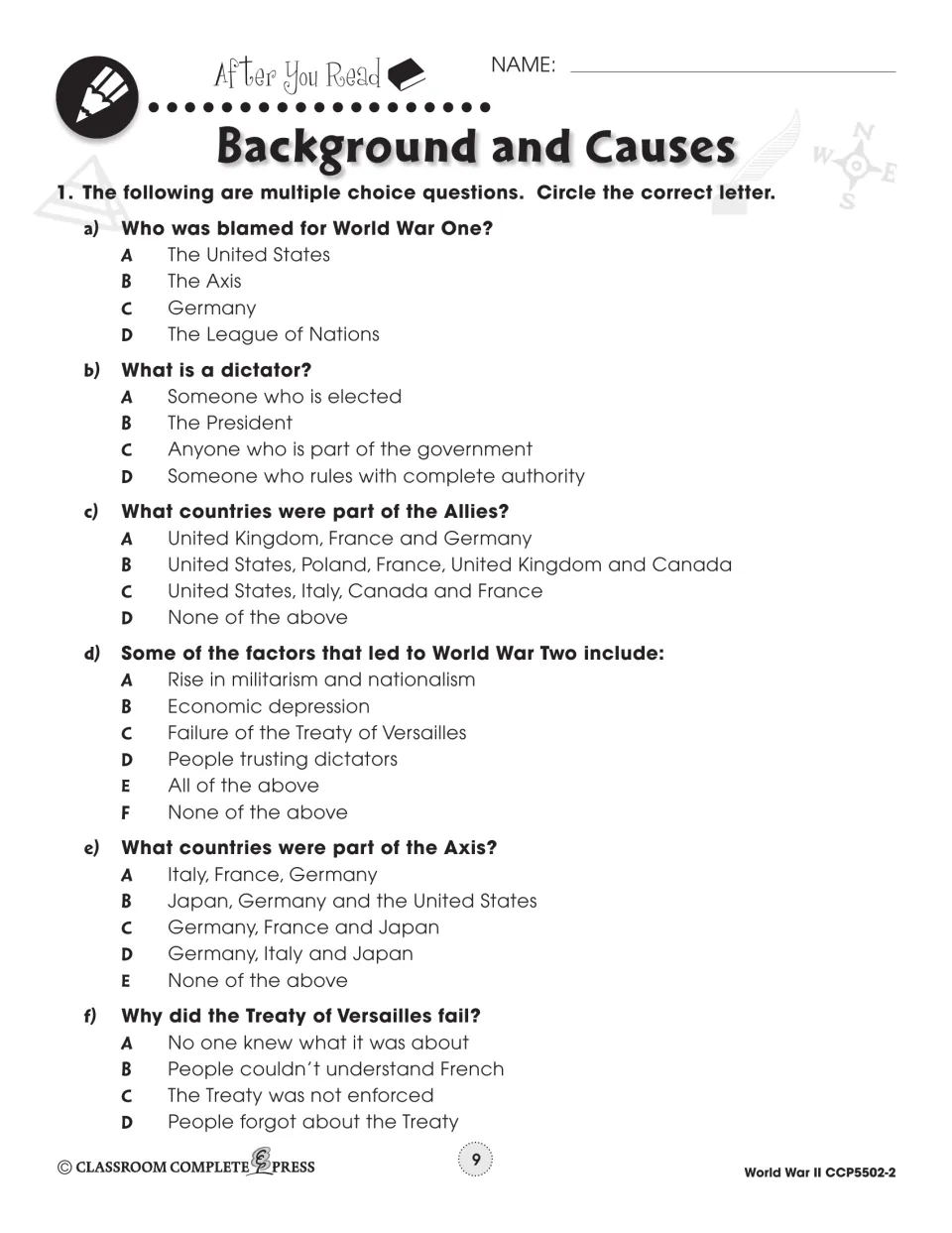 After you read quiz: students circle answers to six multiple-choice items on blame for WWI, dictators, Axis and Allies