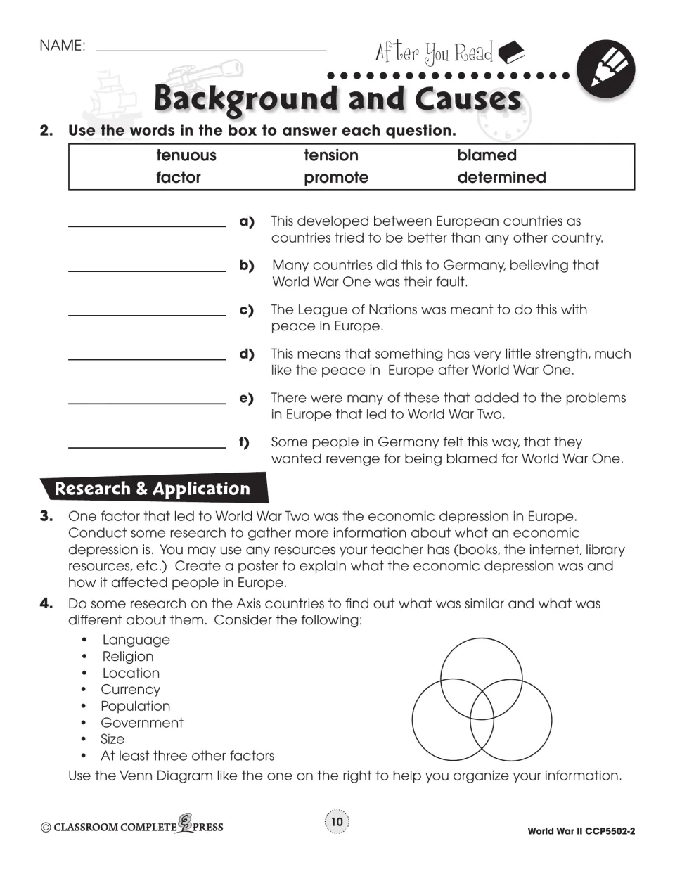 Vocabulary fill-in with tenuous, tension and blamed, plus research: a depression poster and Axis countries Venn diagram