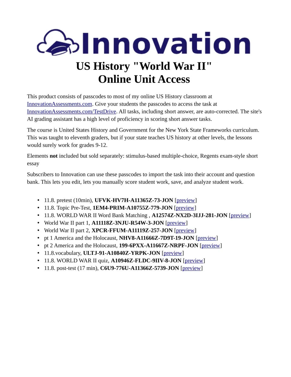 Online unit access sheet listing 10 World War II tasks, including pretests, Holocaust lessons, and a post-test.