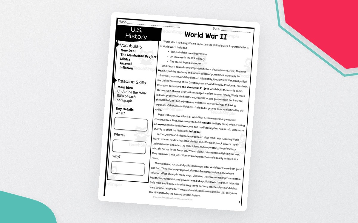World War II Reading Packet – Passage & Worksheets preview: World War II informational passage