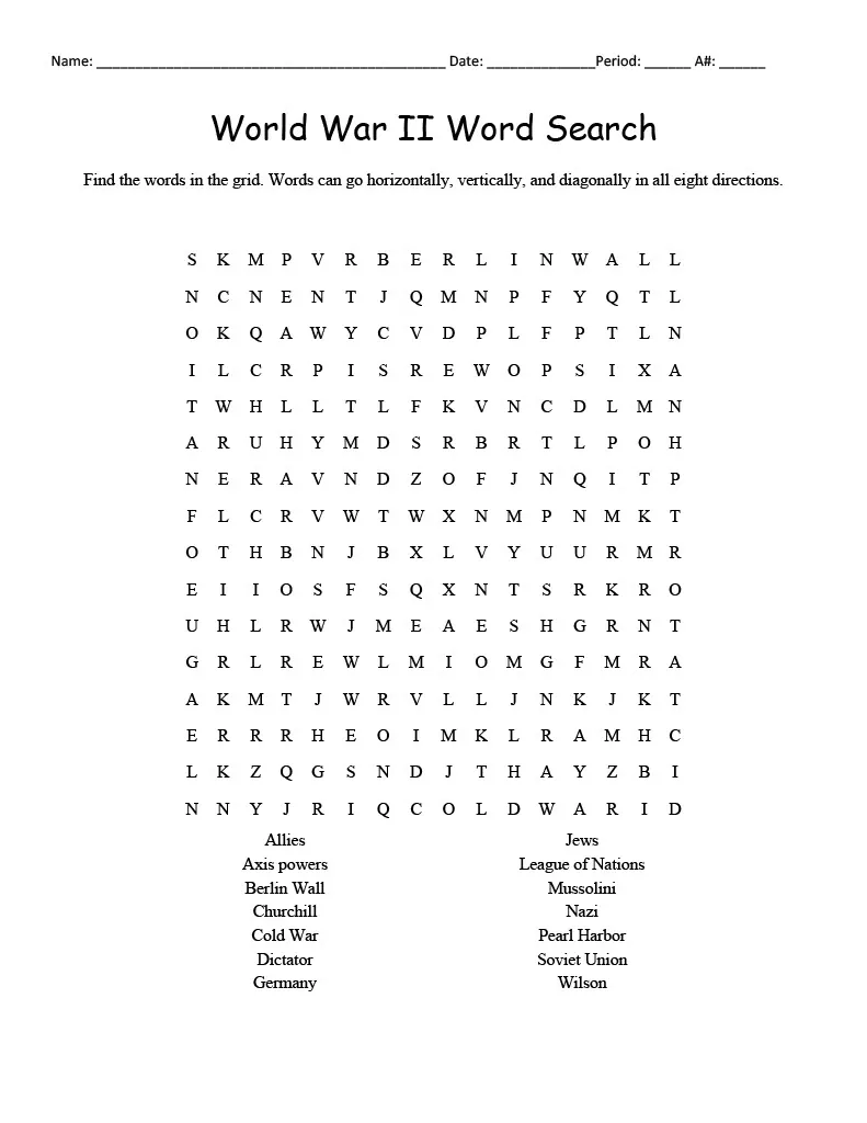 World War II Word Search & Definitions Packet – cover