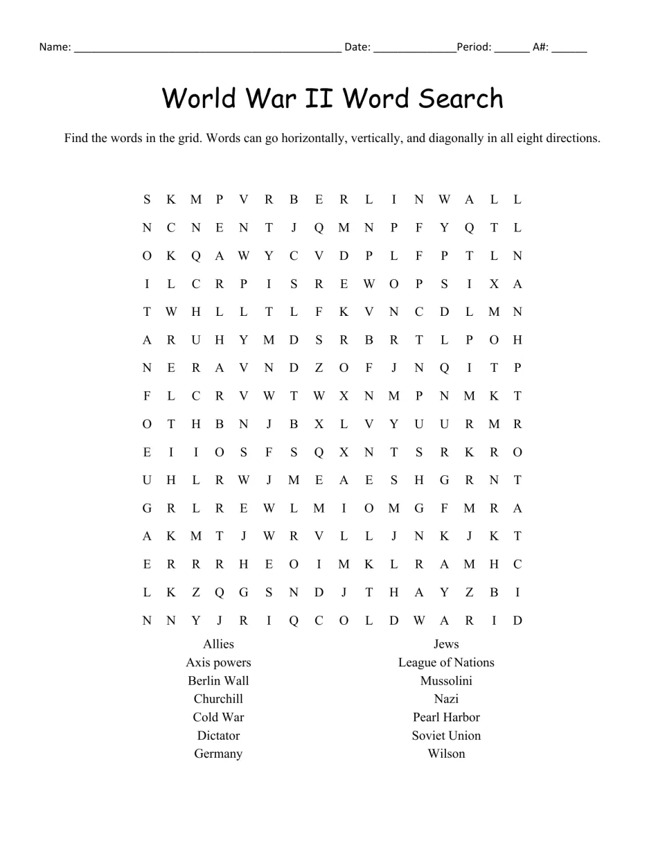 World War II vocabulary search: students find 14 terms such as Allies, Axis powers, Churchill and Pearl Harbor in the grid