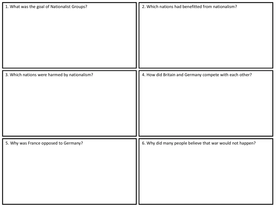 Causes of World War One: students answer six questions on nationalism, colonial rivalry and why war seemed unlikely