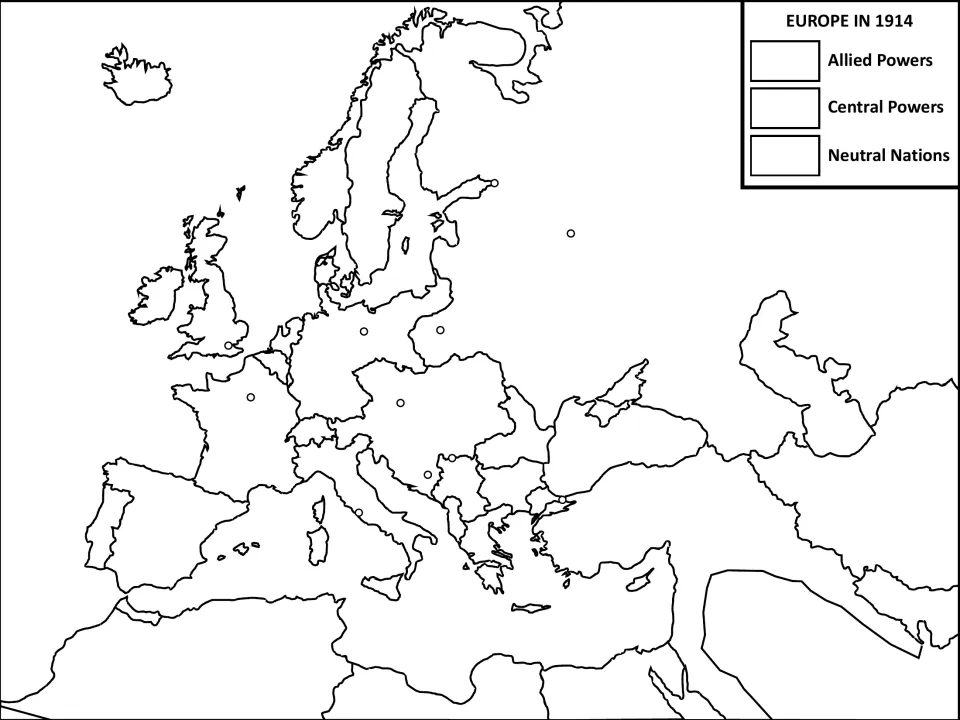 Europe in 1914 blank outline map: students label nations and capitals and color Allied, Central and neutral countries