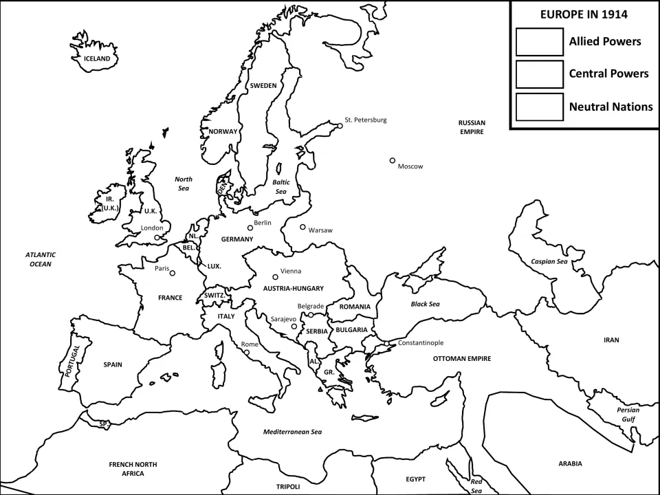 Europe in 1914 labeled outline map naming nations, capitals and seas; students color Allied, Central and neutral nations