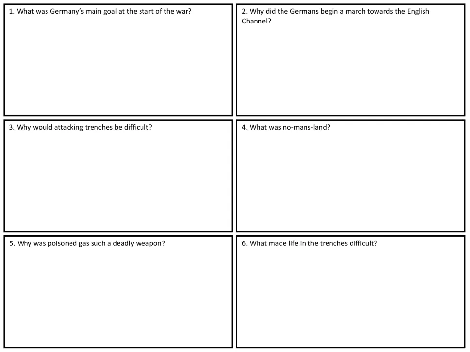 Western Front questions: students explain Germany's war plan, attacking trenches, no-man's land and poison gas