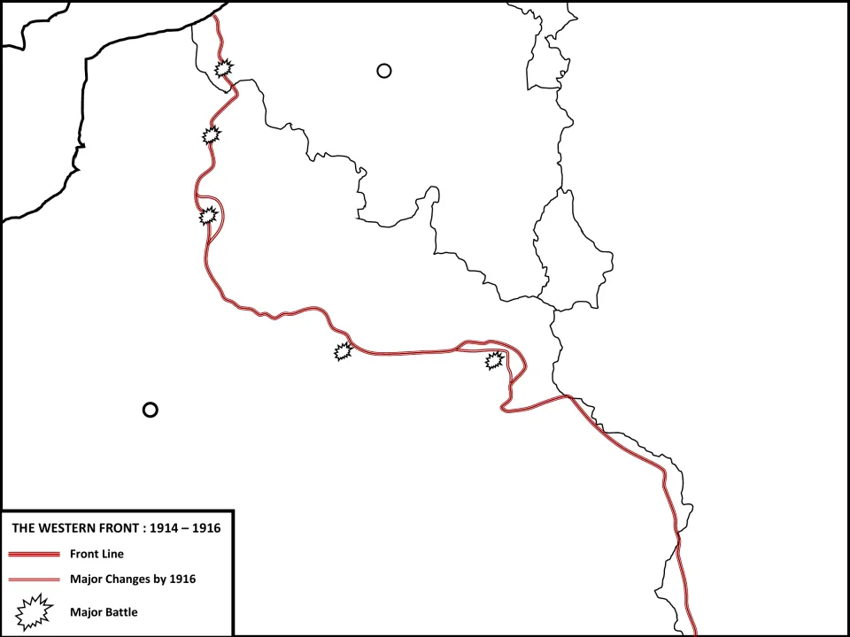 Western Front 1914 to 1916 map marking the front line, changes by 1916 and major battles; students label the marked sites