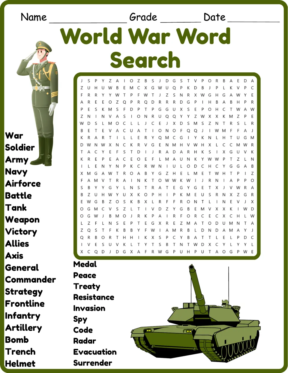 World war vocabulary in color: students find 30 words such as soldier, allies, treaty and radar in a letter puzzle