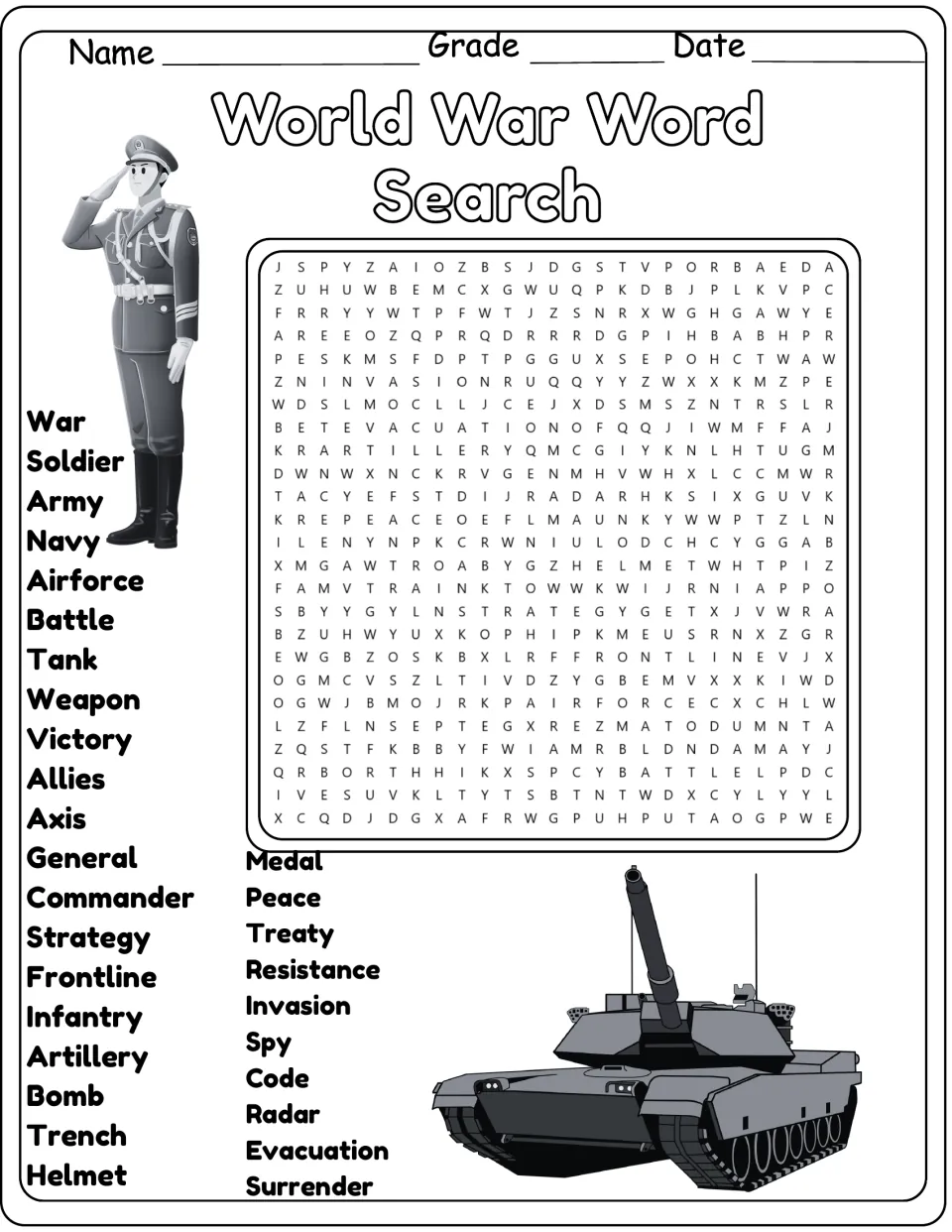 Black-and-white war vocabulary hunt: students locate army, trench, invasion, surrender and 26 more terms in the puzzle