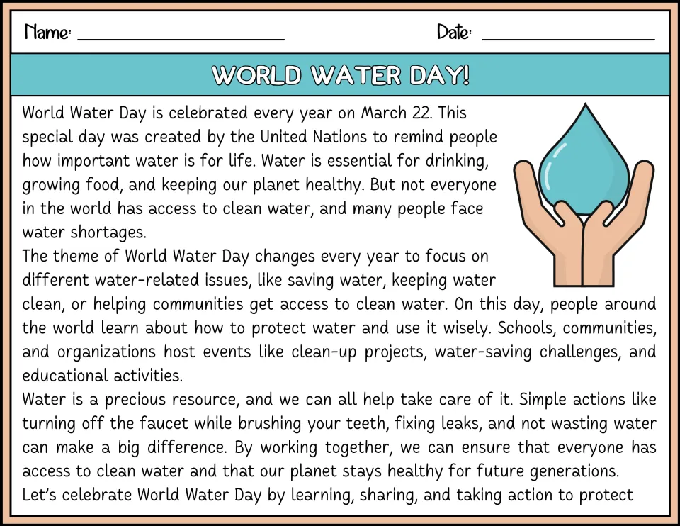 Color reading passage about World Water Day on March 22, clean water access, and ways to conserve water