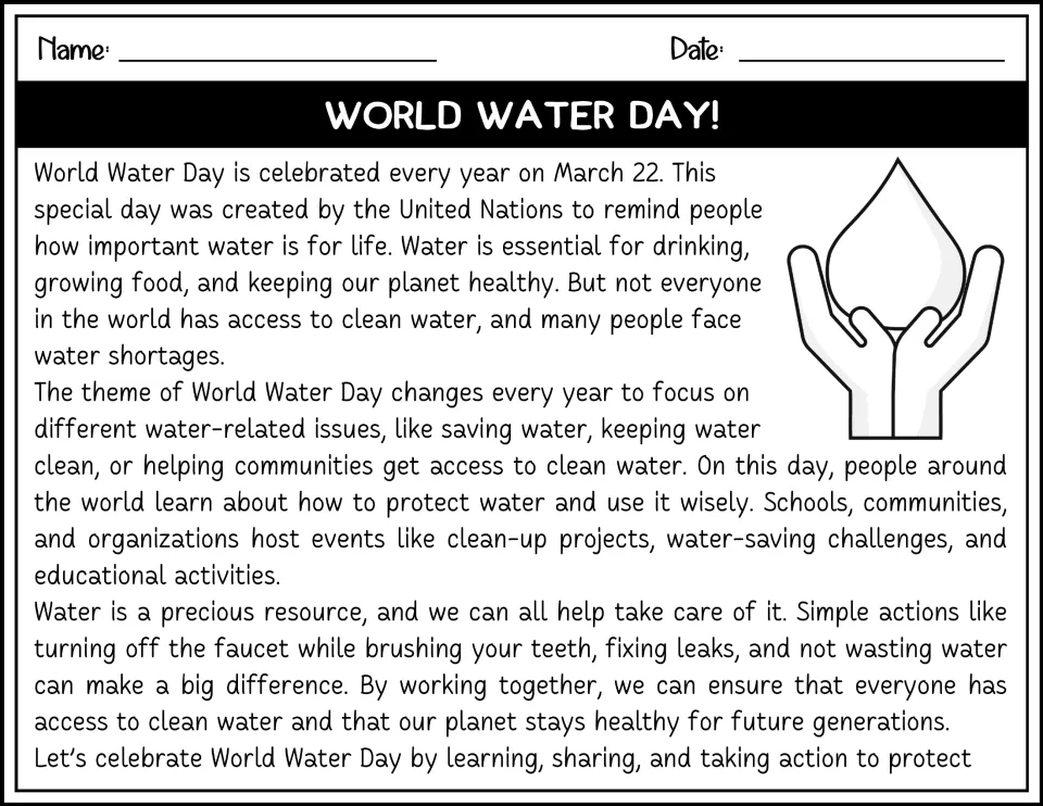Black-and-white reading passage about World Water Day, its United Nations origins, and water conservation