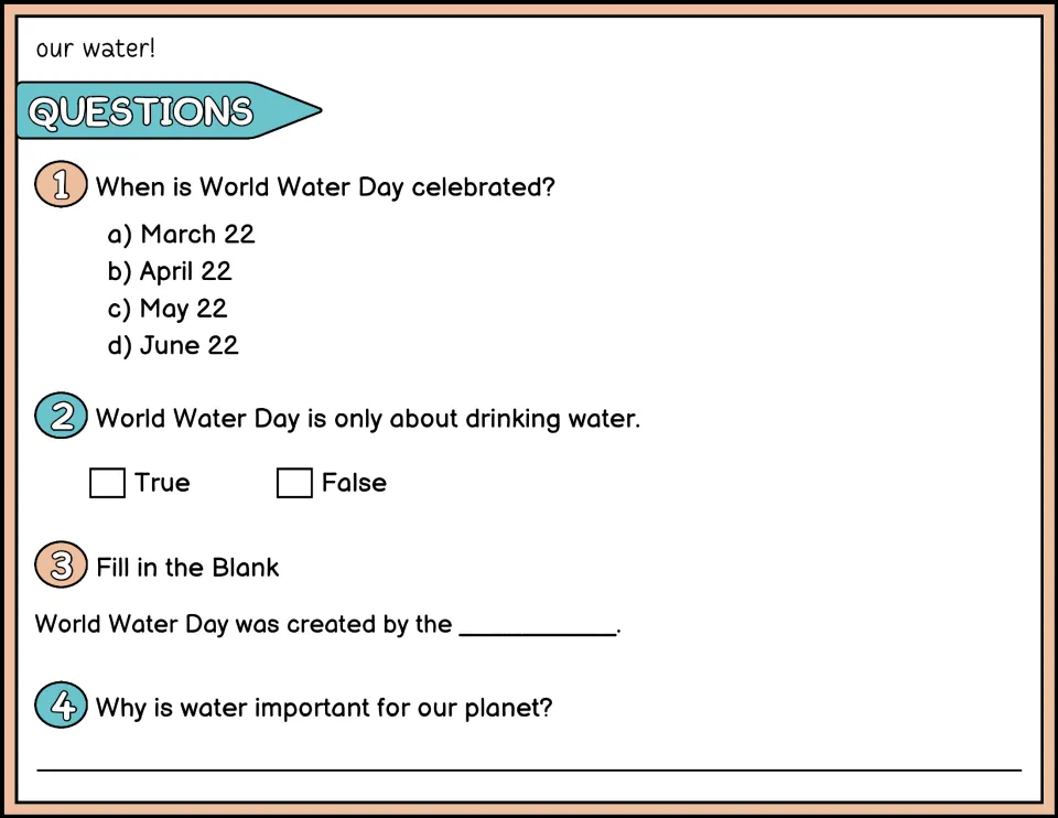 Color questions 1–4 ask about the date, purpose, and founder of World Water Day and why water matters