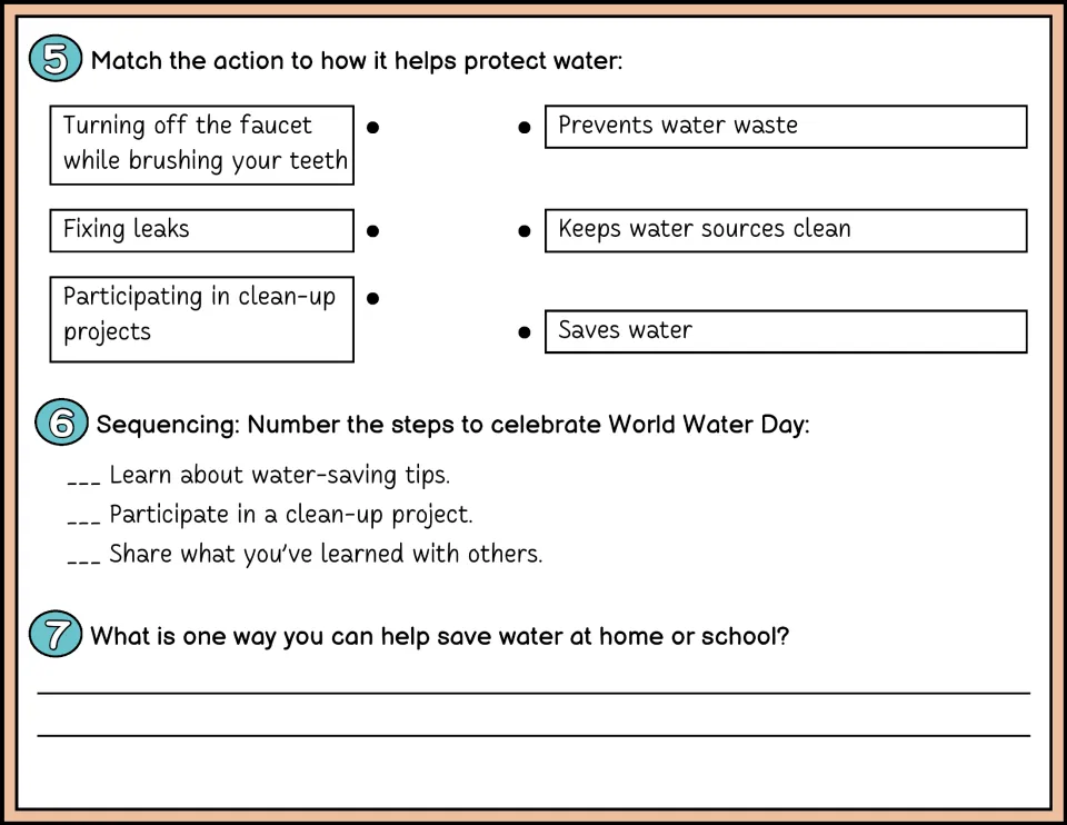 Color questions 5–7 include matching water-saving actions, sequencing steps, and a personal conservation response