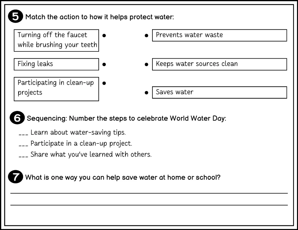 Black-and-white questions 5–7 ask students to match actions, sequence steps, and name a way to save water