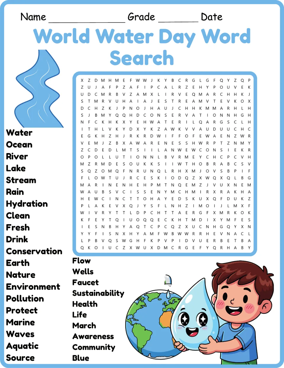 World Water Day word search in color: students find 32 water words such as ocean, hydration and conservation