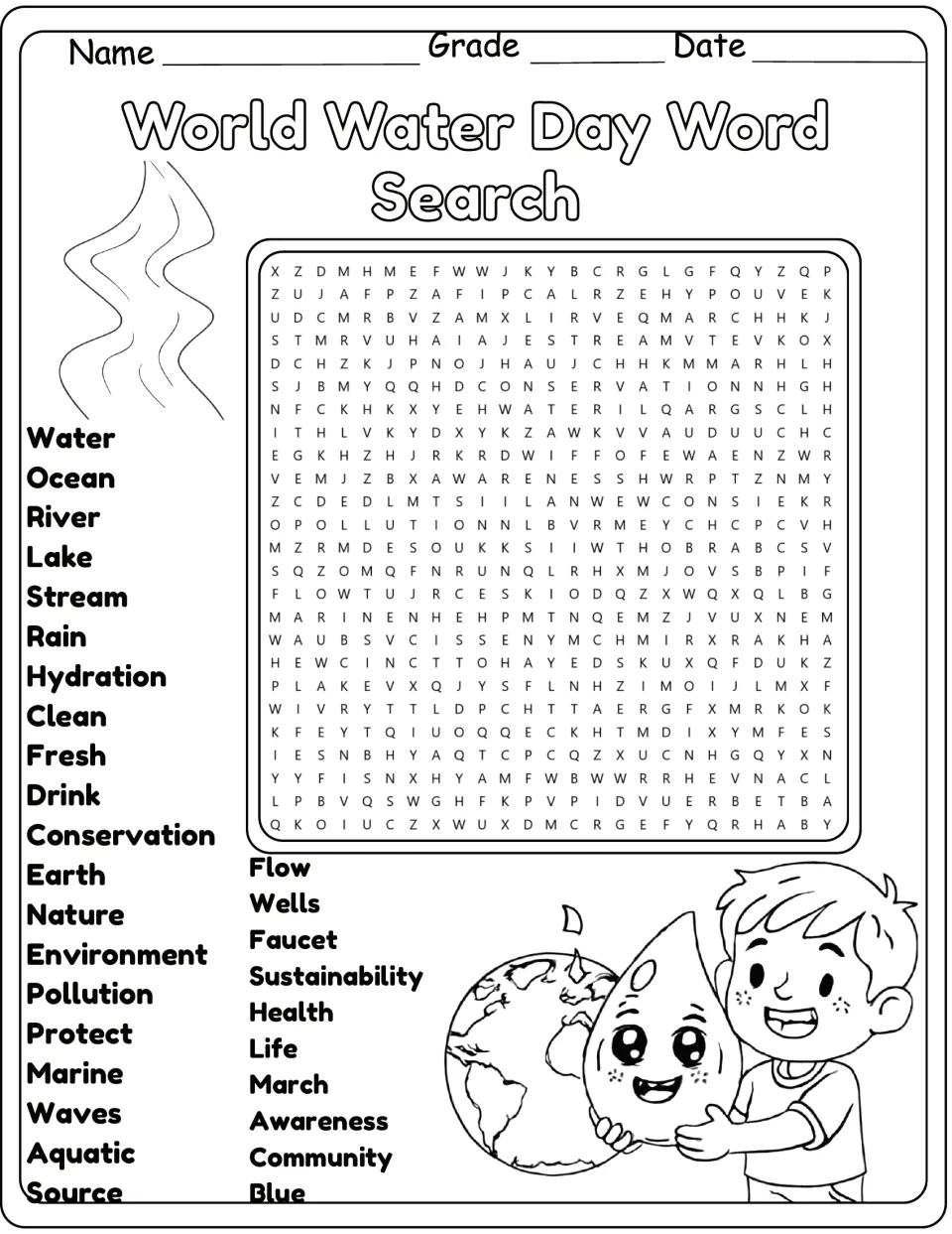 Black-and-white World Water Day puzzle: students circle words like pollution, faucet and sustainability in the grid