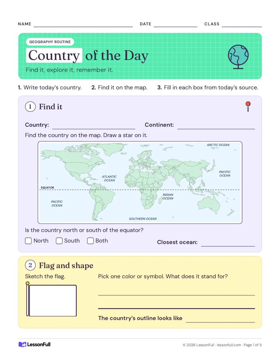 Daily geography log, part 1: locate a country on a world map, identify its continent, and sketch its flag.