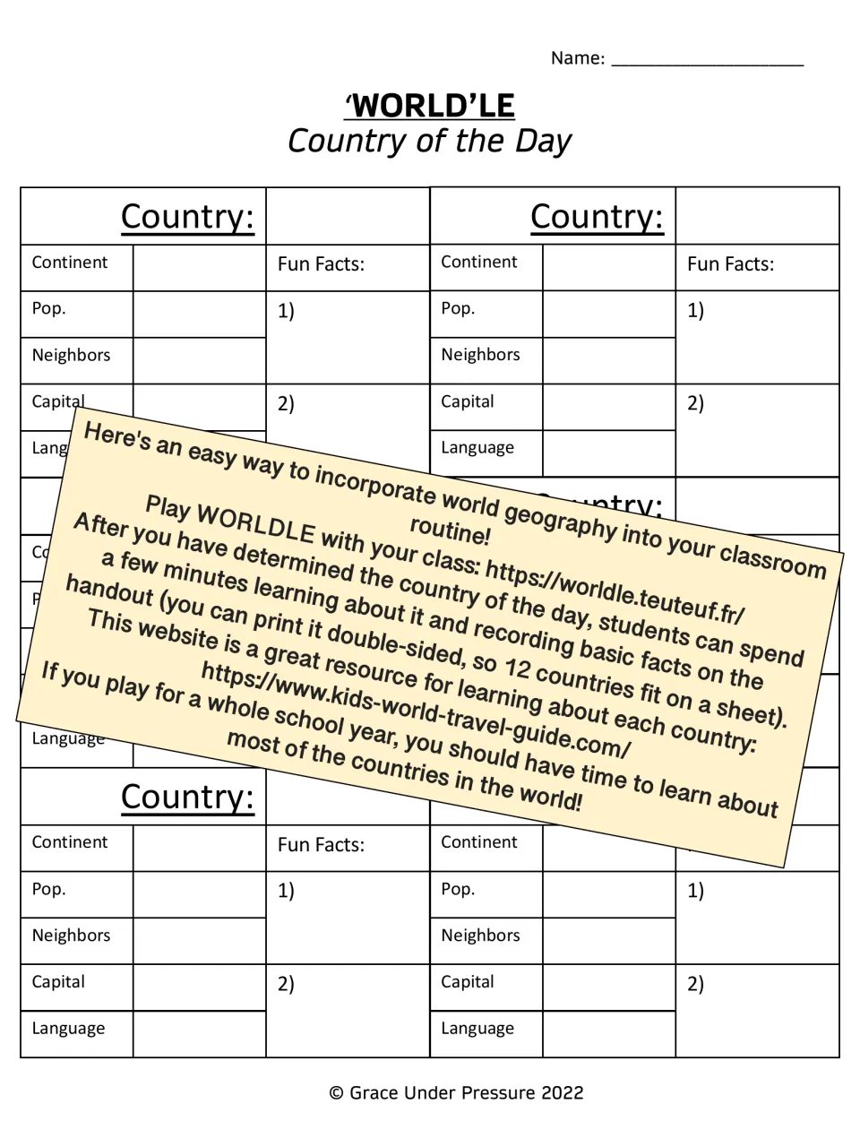 Worldle Country of the Day handout shown with a note on playing Worldle and recording facts for 12 countries a sheet